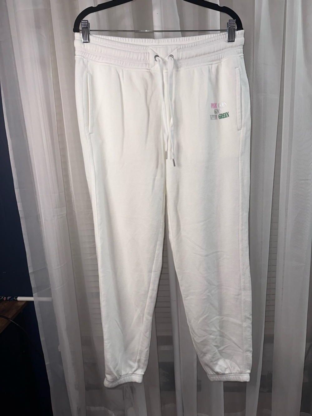 aerie White Drawstring Track Joggers with Pink & Green Logo